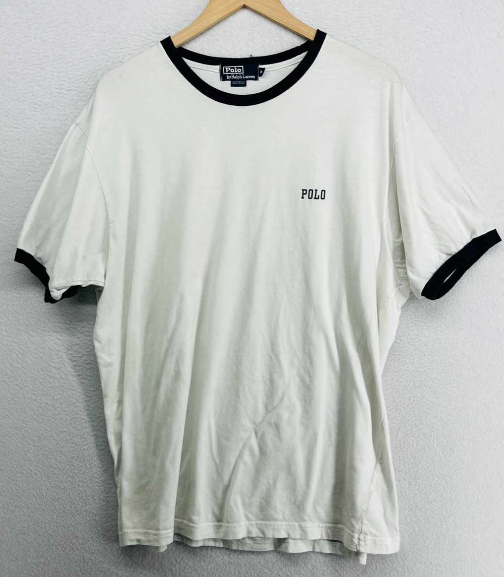 POLO RALPH LAUREN Shirt Mens XL 90s Ringer Crewneck Jersey Cotton White VTG